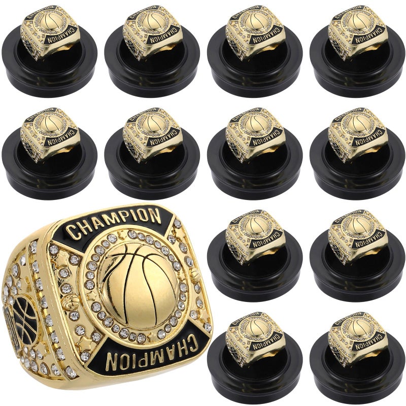 Remuuly 12 Pcs Basketball Champion Rings Basketball Champion Trophy Rings Award Gift Prize with Display Neck Chain and Stand for Basketball Tournament or Champion Winner (Gold) - Image 1