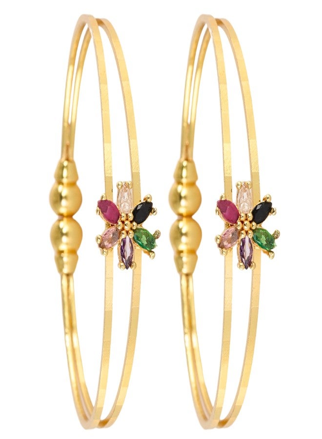 STYOLLO Golden Bracelet For Women Bangles Kada For Girls Traditional American Diamonds Temple Jewellery Bangles Stylish | Elegant Gold Plated Floral Design Women's Fashion Bracelet Latest-(AP1-Multi) - Image 1