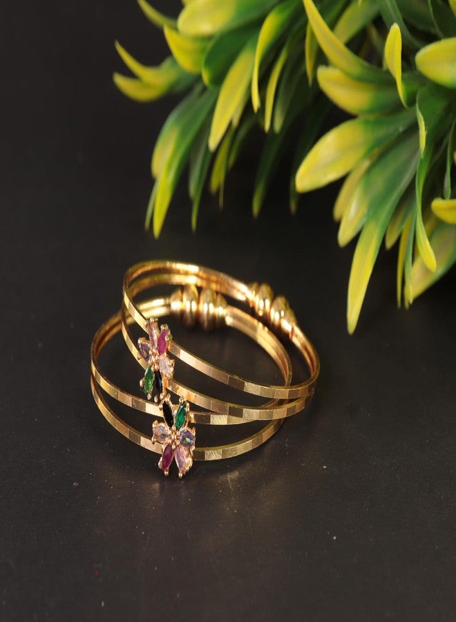 STYOLLO Golden Bracelet For Women Bangles Kada For Girls Traditional American Diamonds Temple Jewellery Bangles Stylish | Elegant Gold Plated Floral Design Women's Fashion Bracelet Latest-(AP1-Multi) - Image 2
