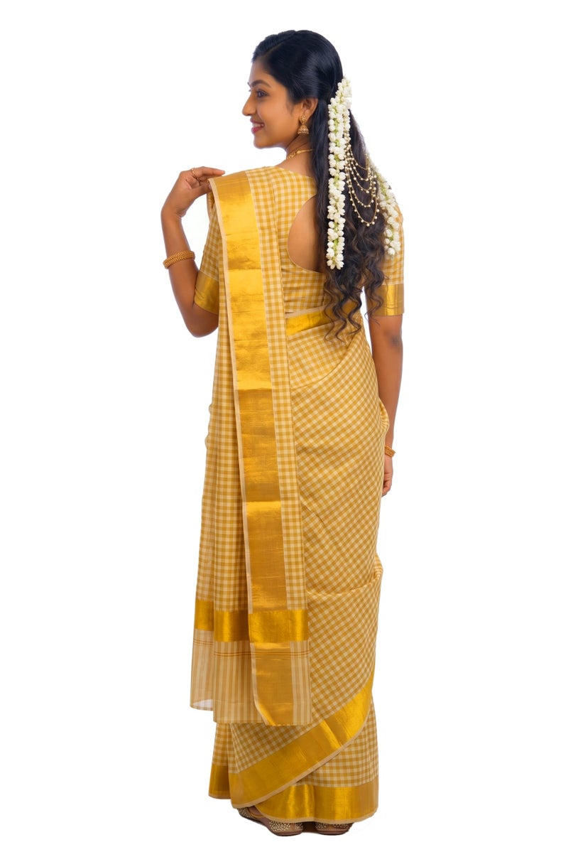 YETTALAN® Kerala Traditional Tissue Saree for Women with Running Blouse | South Indian Ethnic Saree for Weddings Onam Vishu Temple Wear & Festivals (Half Inch Checked) - Image 2
