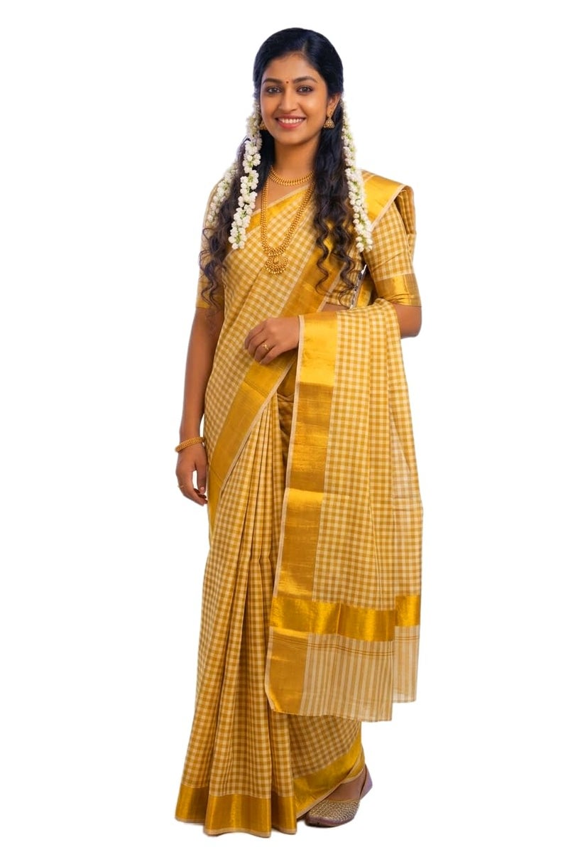 YETTALAN® Kerala Traditional Tissue Saree for Women with Running Blouse | South Indian Ethnic Saree for Weddings Onam Vishu Temple Wear & Festivals (Half Inch Checked) - Image 1