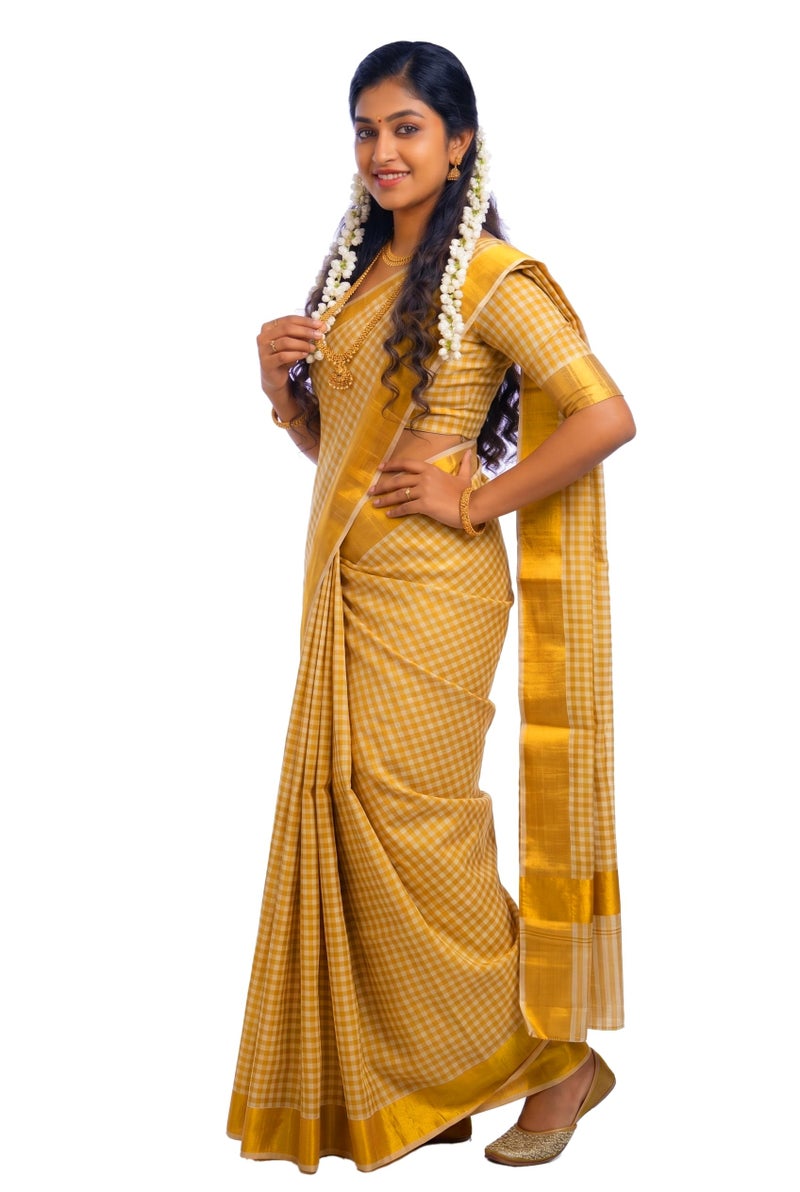YETTALAN® Kerala Traditional Tissue Saree for Women with Running Blouse | South Indian Ethnic Saree for Weddings Onam Vishu Temple Wear & Festivals (Half Inch Checked) - Image 5