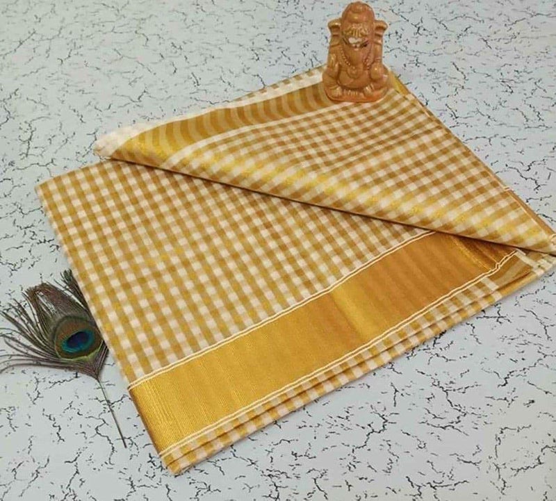 YETTALAN® Kerala Traditional Tissue Saree for Women with Running Blouse | South Indian Ethnic Saree for Weddings Onam Vishu Temple Wear & Festivals (Half Inch Checked) - Image 3
