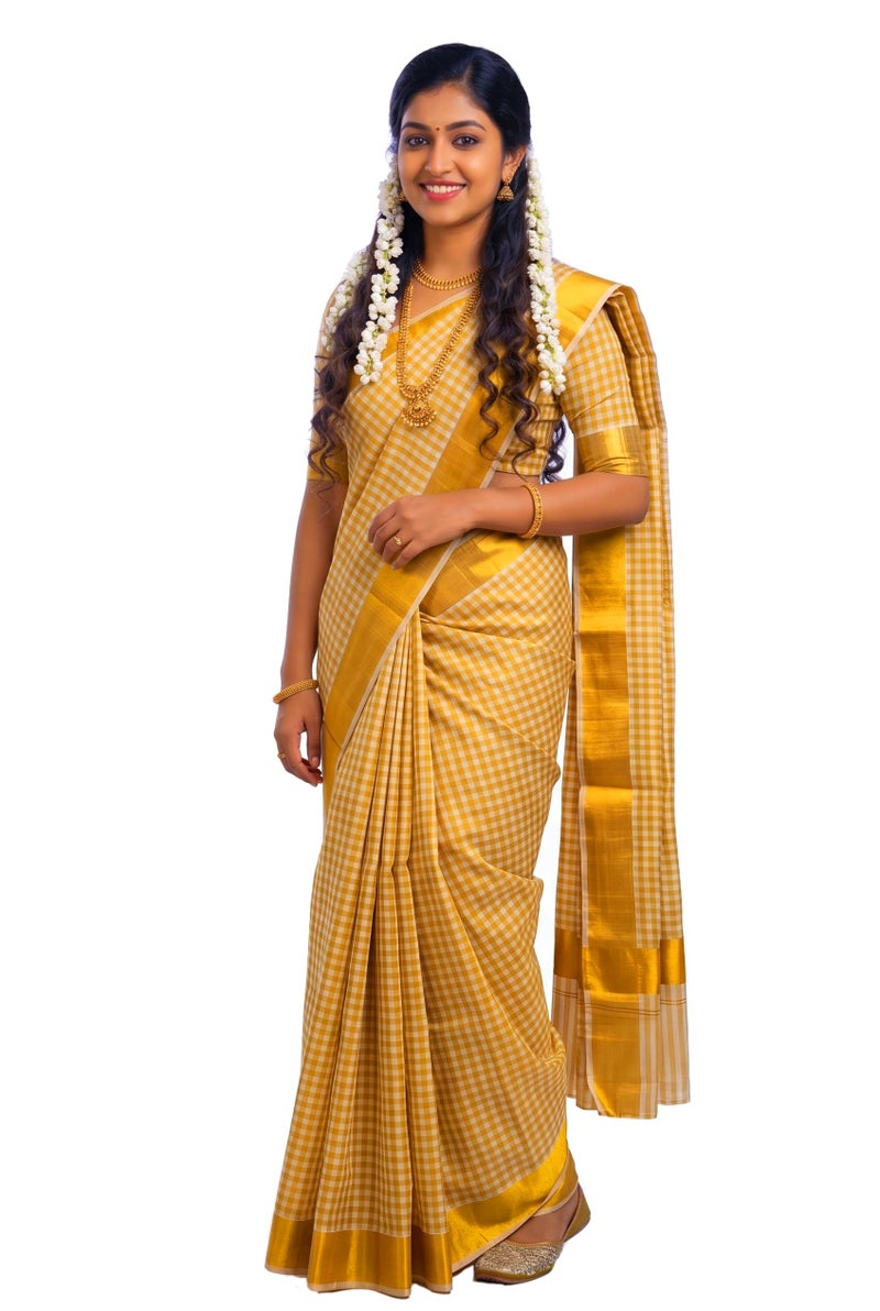 YETTALAN® Kerala Traditional Tissue Saree for Women with Running Blouse | South Indian Ethnic Saree for Weddings Onam Vishu Temple Wear & Festivals (Half Inch Checked) - Image 4