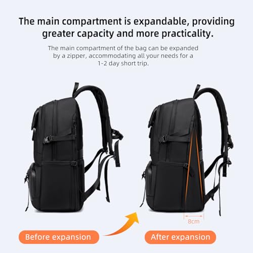 GOLDEN WOLF Expandable Travel Backpack for Men Large 27L to 37L 15.6-inch Office Laptop Bag with Waterproof Pocket Multi-fucntion Water-resistant Sleek Business Backpack for Work Weekend, Black - Image 2
