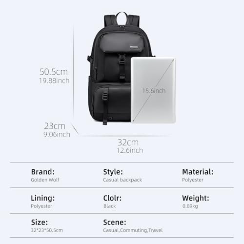 GOLDEN WOLF Expandable Travel Backpack for Men Large 27L to 37L 15.6-inch Office Laptop Bag with Waterproof Pocket Multi-fucntion Water-resistant Sleek Business Backpack for Work Weekend, Black - Image 5