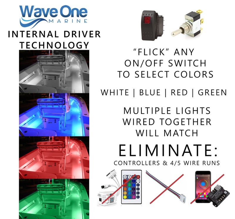 Wave One Marine 16" LED RGBW Courtesy Accent Boat Utility Light Strip | 12-24 Volt Internal Driver | White Blue Red Green | Interior Exterior Deck Gunnel Cockpit T Top Pontoon | Waterproof IP65 - Image 3