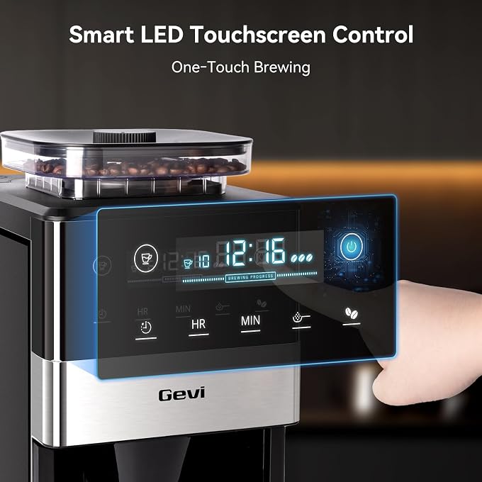 Gevi 10-Cup Grind & Brew Coffee Maker, Touch Screen, Programmable Brew | All-In-One 10-Cup Coffee Maker With Built-In Grinder & Glass Carafe, 90-Min Warm Plate, Reusable Filter, 1.5L Tank - Image 3