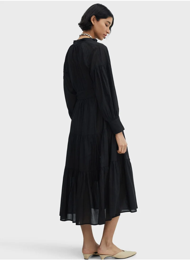 MANGO Puff Sleeve Tie Detailed Dress