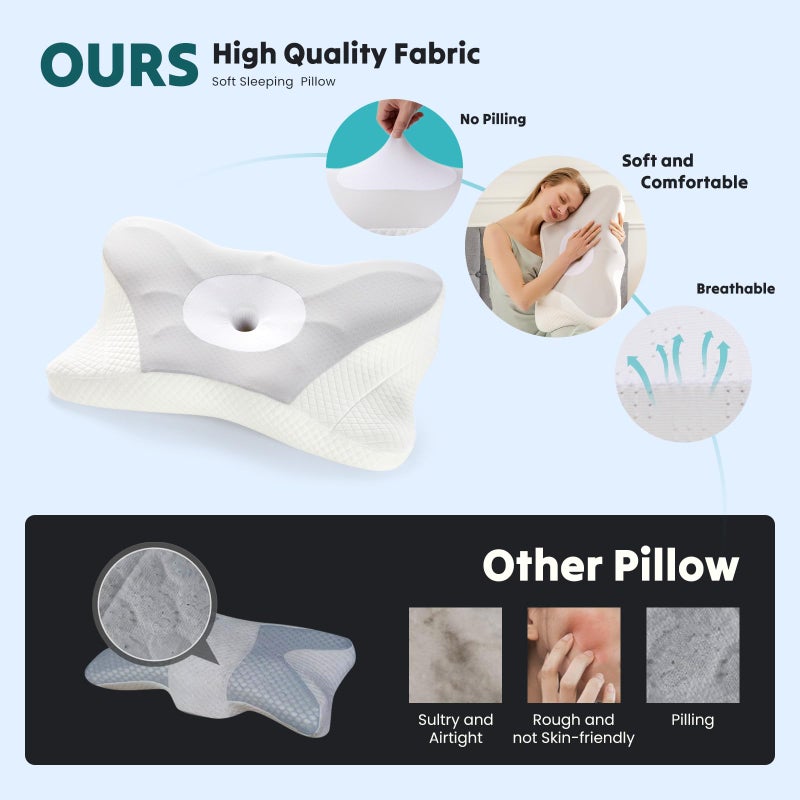 DUMOS Cervical Neck Pillow, Cooling Ergonomic Memory Foam Pillows for Neck Pain Relief with Breathable Pillowcase, Dual Height Orthopedic Support Contour Pillow for Side, Back, Stomach Sleepers, Grey - Image 2