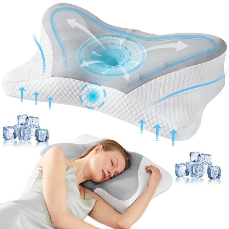 DUMOS Cervical Neck Pillow, Cooling Ergonomic Memory Foam Pillows for Neck Pain Relief with Breathable Pillowcase, Dual Height Orthopedic Support Contour Pillow for Side, Back, Stomach Sleepers, Grey - Image 1