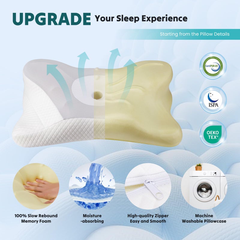 DUMOS Cervical Neck Pillow, Cooling Ergonomic Memory Foam Pillows for Neck Pain Relief with Breathable Pillowcase, Dual Height Orthopedic Support Contour Pillow for Side, Back, Stomach Sleepers, Grey - Image 5