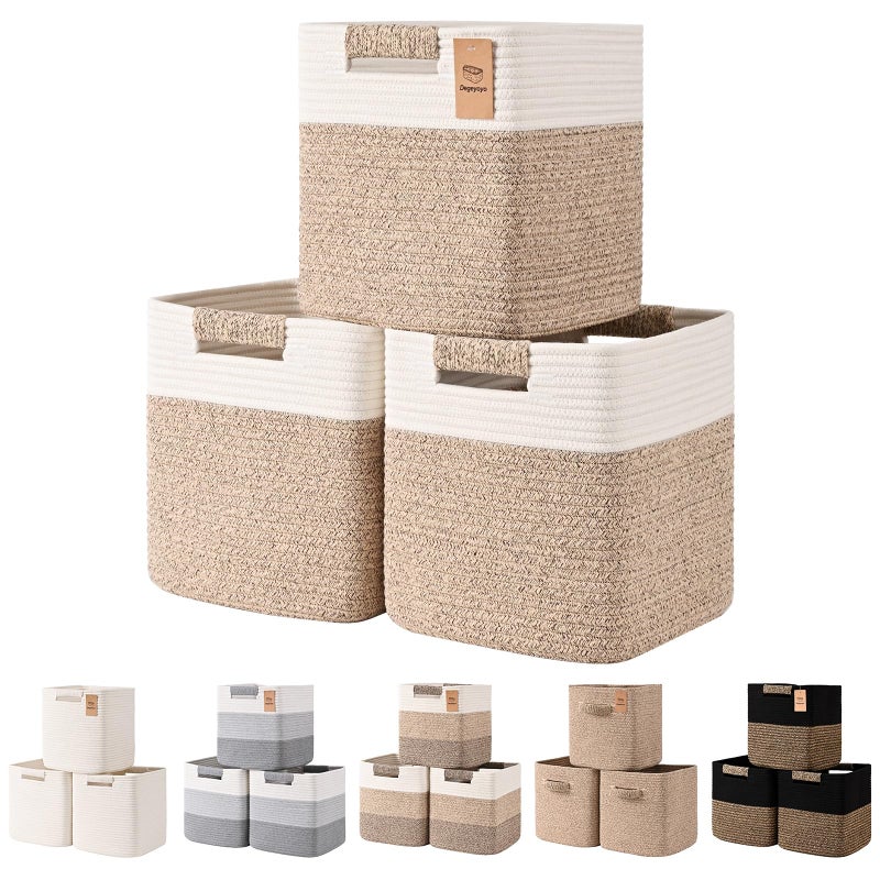 Degeyoyo 11 Inch Storage Cubes, 3 Pack Cube Storage Bins for Organizing, Cotton Rope Woven Baskets for Shelves, Bathroom, Kids Room, Closets, Baby Nursery - Image 1
