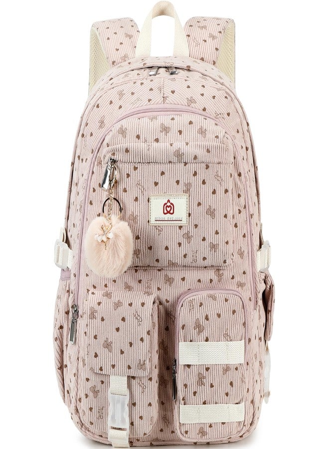 Hidds School Backpack Laptop College Backpacks Corduroy Bag Students Bookbag Anti Theft Travel Daypack for Teens Girls Women, 05-corduroy Pink Bowknot, 13.5 x 7.1 x 17 inches, School Backpack, College - Image 1