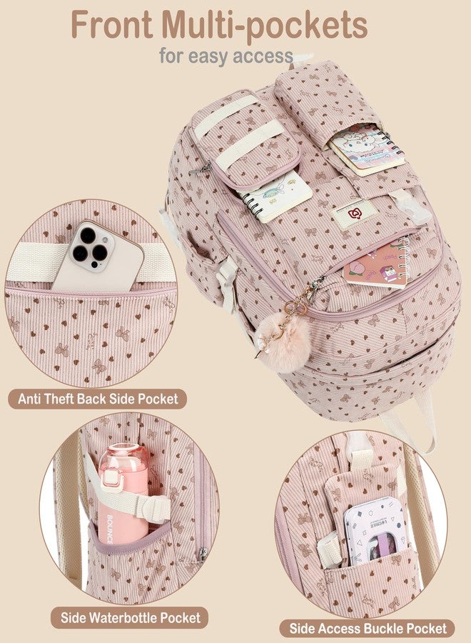 Hidds School Backpack Laptop College Backpacks Corduroy Bag Students Bookbag Anti Theft Travel Daypack for Teens Girls Women, 05-corduroy Pink Bowknot, 13.5 x 7.1 x 17 inches, School Backpack, College - Image 4