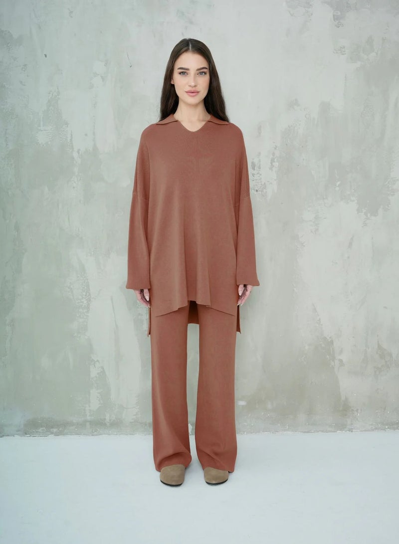 Andy 2322 | Women's Two-Piece Lounge Set – Soft Cotton, Oversized Top with Collar and Relaxed Fit Pants | Chocolate