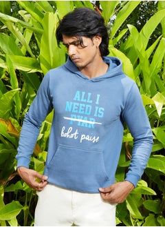 Campus Sutra Men's Electric Blue All I Need Hoodie With Kangaroo Pocket  - Image 2