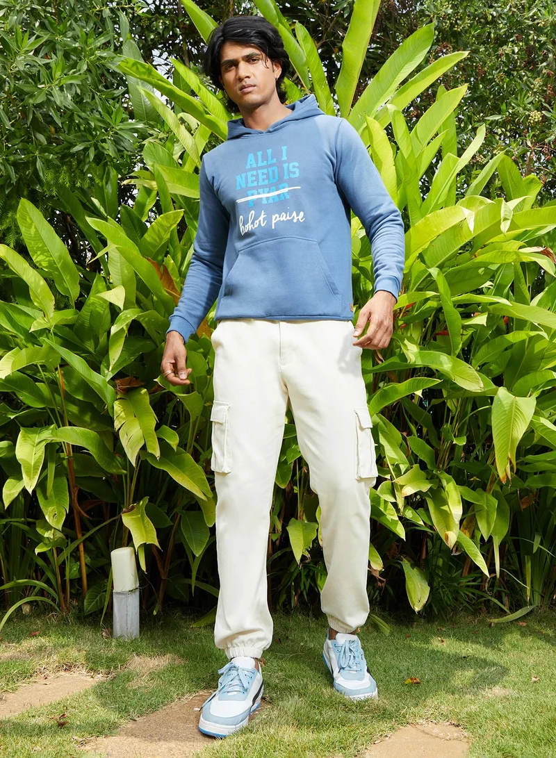 Campus Sutra Men's Electric Blue All I Need Hoodie With Kangaroo Pocket