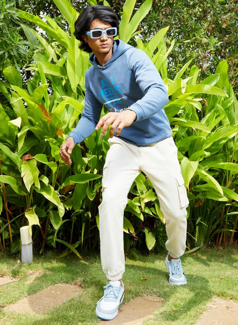 Campus Sutra Men's Electric Blue All I Need Hoodie With Kangaroo Pocket