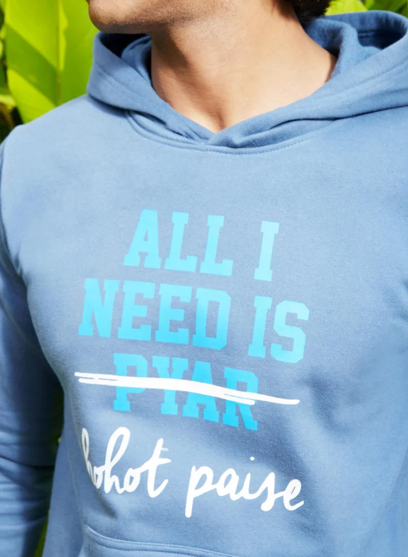 Campus Sutra Men's Electric Blue All I Need Hoodie With Kangaroo Pocket