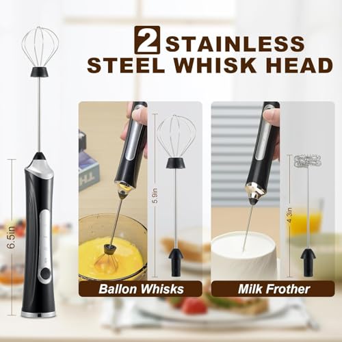 Freebala Handheld Electric Milk Frother with 2 Heads, Coffee Whisk Foam Mixer with USB Rechargeable 3 Speeds, Foam Maker Blender for Latte, Cappuccino, Hot Chocolate, Egg (Black with stand) - Image 2