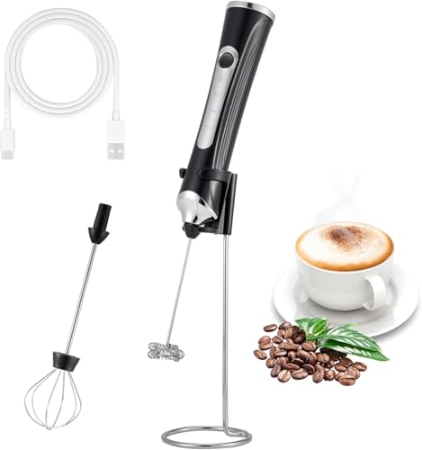 Freebala Handheld Electric Milk Frother with 2 Heads, Coffee Whisk Foam Mixer with USB Rechargeable 3 Speeds, Foam Maker Blender for Latte, Cappuccino, Hot Chocolate, Egg (Black with stand) - Image 1