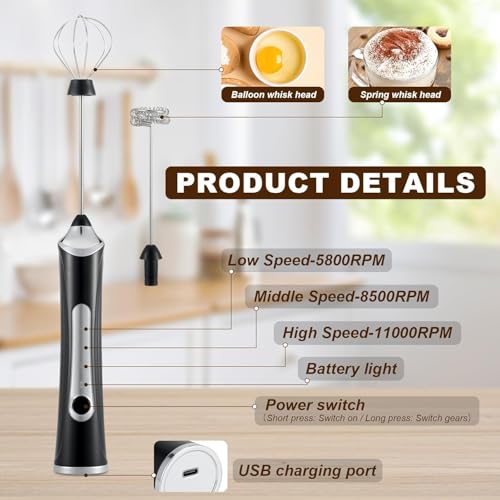 Freebala Handheld Electric Milk Frother with 2 Heads, Coffee Whisk Foam Mixer with USB Rechargeable 3 Speeds, Foam Maker Blender for Latte, Cappuccino, Hot Chocolate, Egg (Black with stand) - Image 3