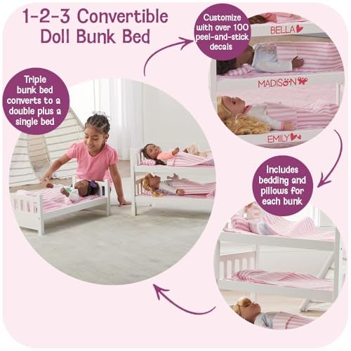 Badger Basket 123 Convertible Doll Bunk Bed Pink Stripe Design with Bedding and Personalization Kit Doll Crib Furniture for 18 to 20 Inch Baby Dolls and Accessories White - Image 5