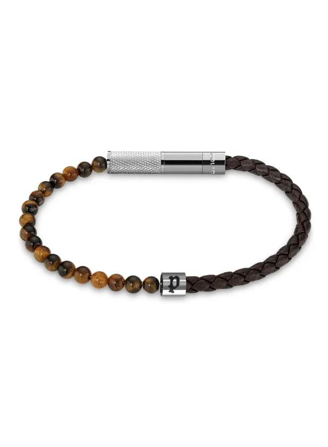 Twine Mens Gold & Black Bead And Brown Leather Bracelet