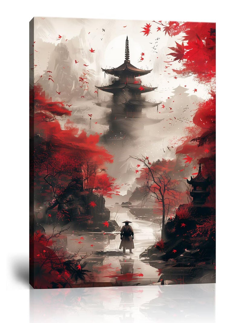 Wall HDQ Japanese Canvas Wall Art Japanese Landscape Painting Prints Red and Black Cherry Blossom Trees Building Pictures Artwork for Men Bedroom Living Room Office 18W x 24H - Image 2