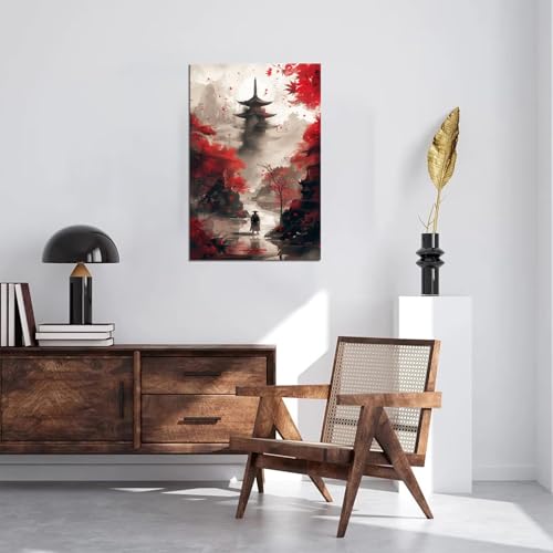 Wall HDQ Japanese Canvas Wall Art Japanese Landscape Painting Prints Red and Black Cherry Blossom Trees Building Pictures Artwork for Men Bedroom Living Room Office 18W x 24H - Image 3