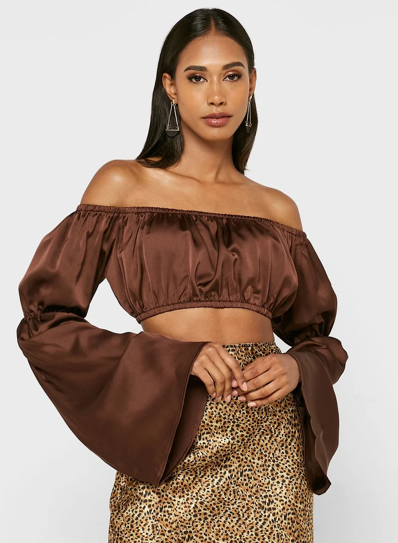 boohoo Bardot Flute Sleeve Crop Top