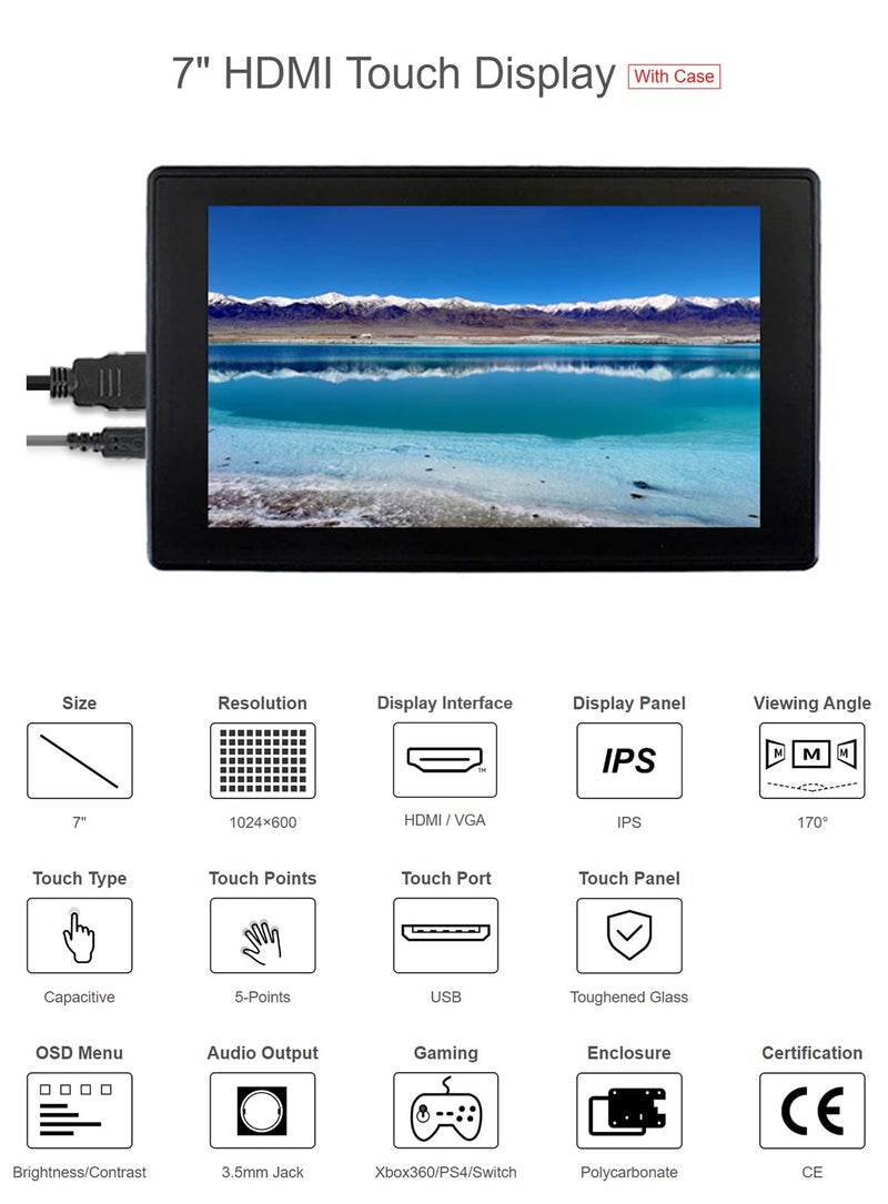 Ingcool 7inch HDMI LCD with Case for Raspberry Pi Capacitive Touchscreen 1024Ã—600 IPS Display Screen Monitor Compatible with Raspberry Pi 4B/3B+/3B/Zero/Jetson Nano Support Windows 10/8.1/8/7 - Image 2