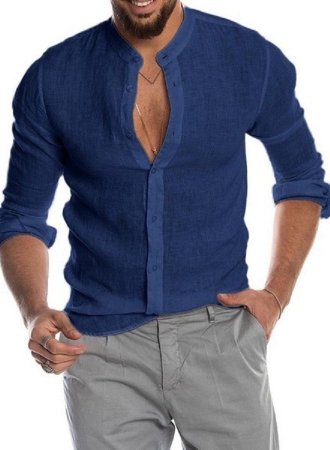 NIBEMINENT Men's Solid Linen Stand Collar Long Sleeve Shirt 