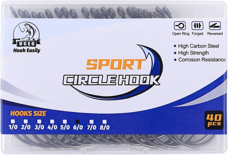 UCEC Circle Hooks Fishing Hooks 2X Strong Offset Circle Hooks Saltwater Black High Carbon Steel Octopus Catfish Fishing Hooks Fishing Gear Tackle 150pcs/ 240pcs - Size:#1 1/0 2/0 3/0 4/0 5/0 6/0 8/0 - Image 5
