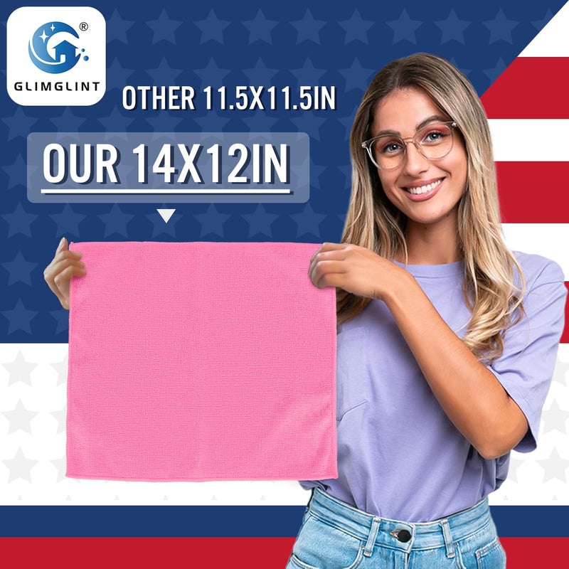 GLIMGLINT Pink Microfiber Cleaning Cloth,12PK Reusable Cleaning Rags, Highly Absorbent Shop Rags Bulk, All-Purpose Car Cleaning Towels for TV Screen, Kitchen, Bathroom, Restaurant Garage, 14"X12" - Image 2