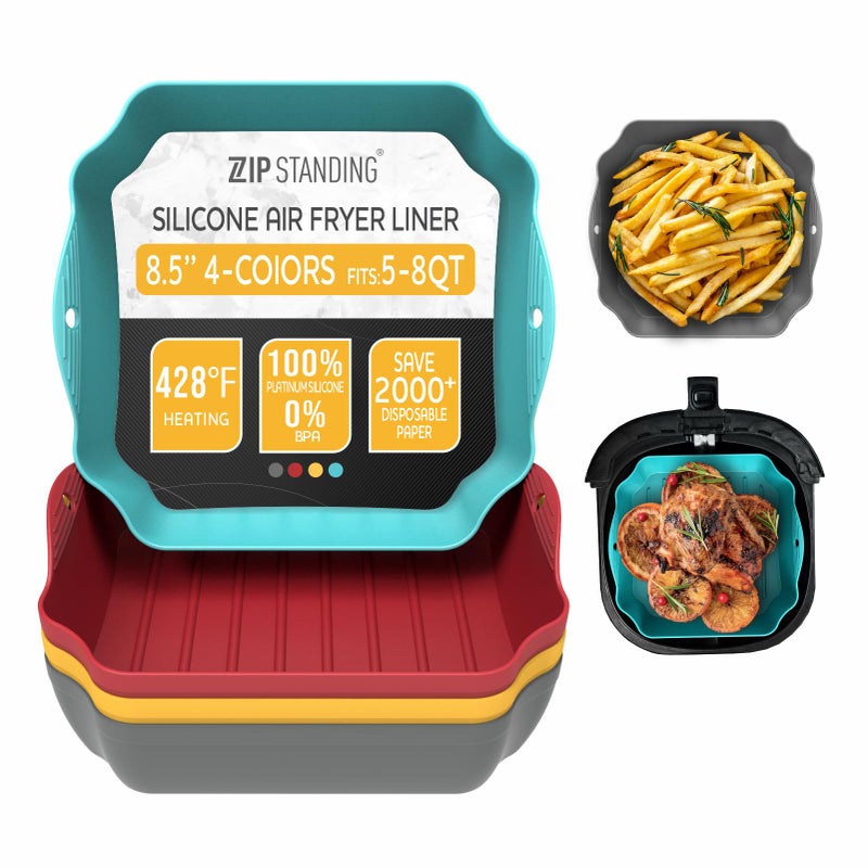 ZIP STANDING Silicone Air Fryer Liners Set OF 4, for 5-8QT Tray Baking Oven, 8.5â€ Reusable Square with Handles & Holes, Inserts, Accessories - Image 1