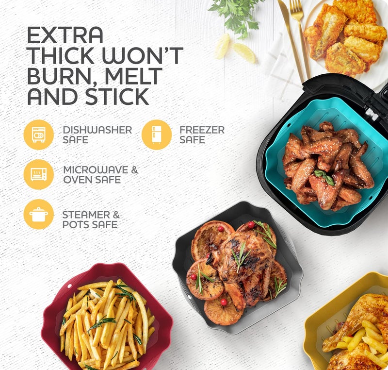 ZIP STANDING Silicone Air Fryer Liners Set OF 4, for 5-8QT Tray Baking Oven, 8.5â€ Reusable Square with Handles & Holes, Inserts, Accessories - Image 5