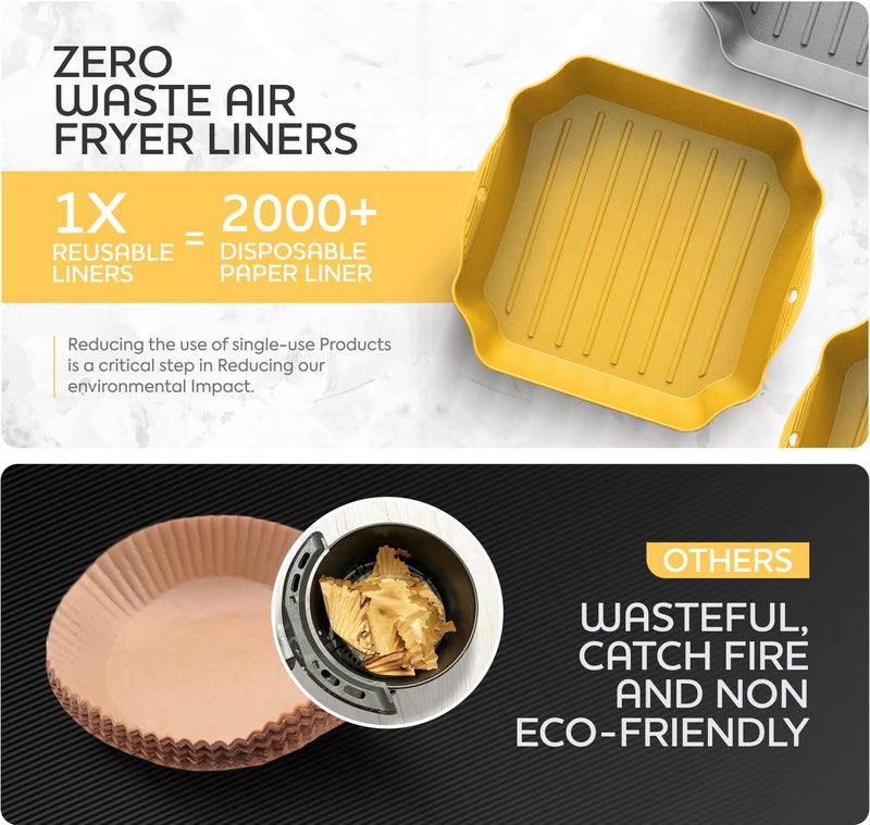 ZIP STANDING Silicone Air Fryer Liners Set OF 4, for 5-8QT Tray Baking Oven, 8.5â€ Reusable Square with Handles & Holes, Inserts, Accessories - Image 4