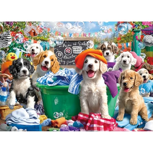 Blueforest Puppy Party 1000 Piece Jigsaw Puzzle for Adults Dog Playful Scene Colorful Clothes Laundry Day Puzzles with Letters on Back Adult Games for Game Night Fun 27x20 Inch - Image 1