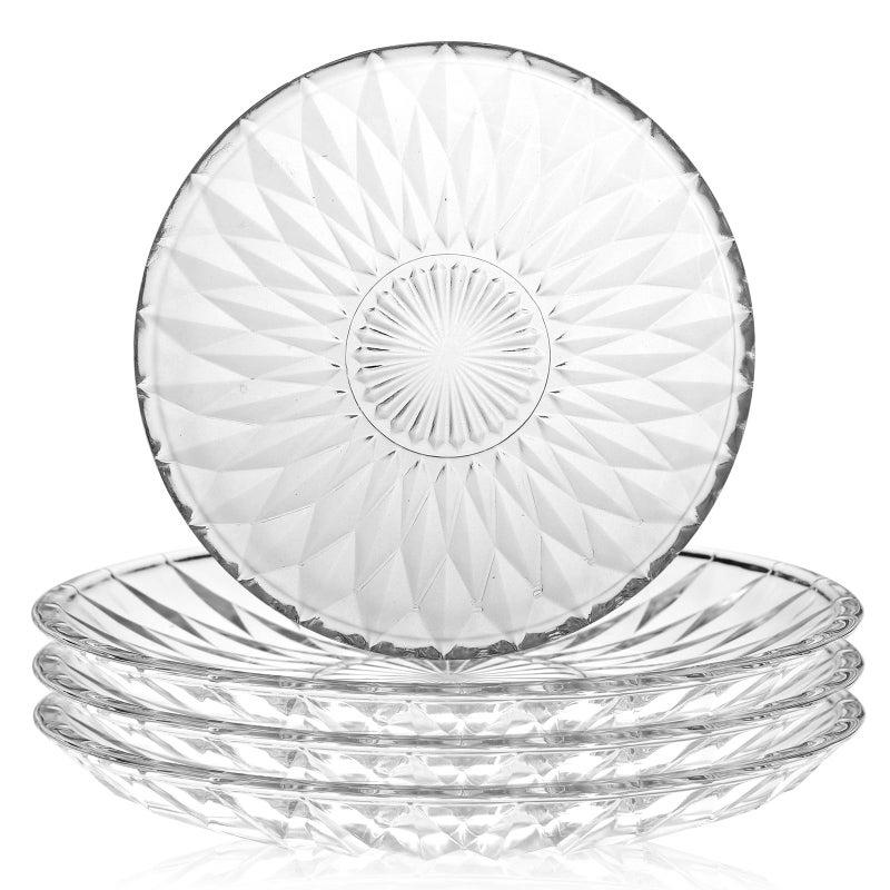 WHJY 6 Inch Clear Glass Plates 4 Pack Vintage Dinnerware Set Transparent Diamond Textured Dinner Plates for Home Party Wedding Crystal Glass Dishes for Fruit Salad Appetizer Dessert - Image 1