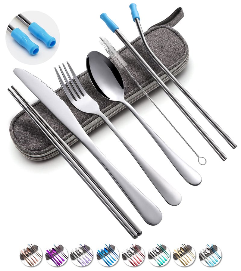Travel Utensils Set with Case Reusable Portable Cutlery Set Stainless Steel 8pcs Including Dinner Knife Fork Spoon Chopsticks StrawsSilver