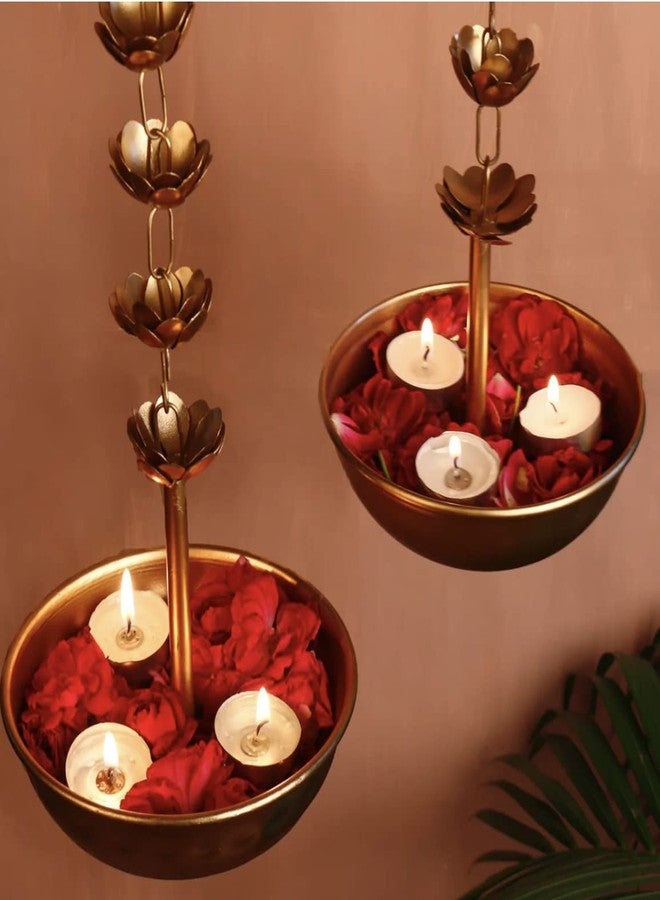 AGAAS ENTERPRISES Metal Hanging Urli Bowl Showpice For Floating Flowers Tealight Candles Diwali Decoration Pooja Room Decoration_Metal Colour, Gold - Image 2