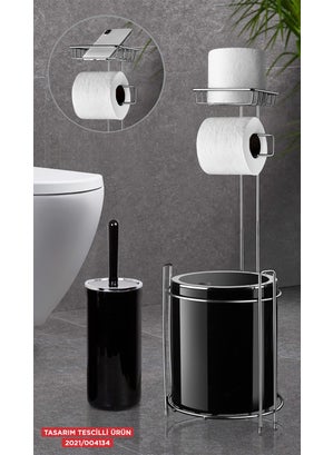 ‎okyanus Home Ocean Home Chrome Replacement WC Paper Holder Round Black Dustbin and WC Brush Set  - Image 1