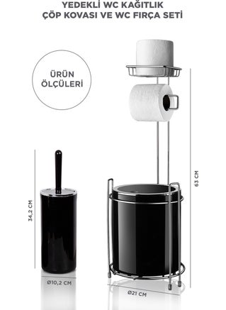 ‎okyanus Home Ocean Home Chrome Replacement WC Paper Holder Round Black Dustbin and WC Brush Set  - Image 3
