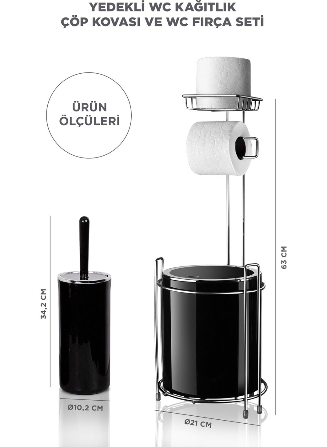 ‎okyanus Home - Ocean Home Chrome Replacement WC Paper Holder Round Black Dustbin and WC Brush Set - Image 1