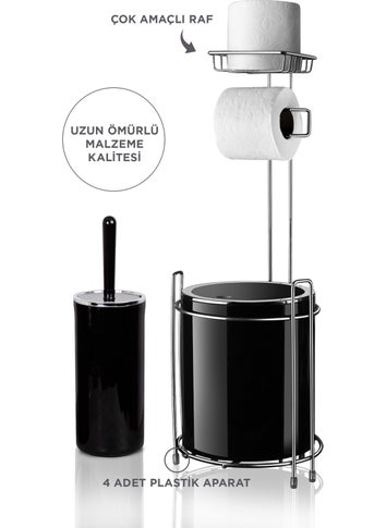 ‎okyanus Home Ocean Home Chrome Replacement WC Paper Holder Round Black Dustbin and WC Brush Set  - Image 2