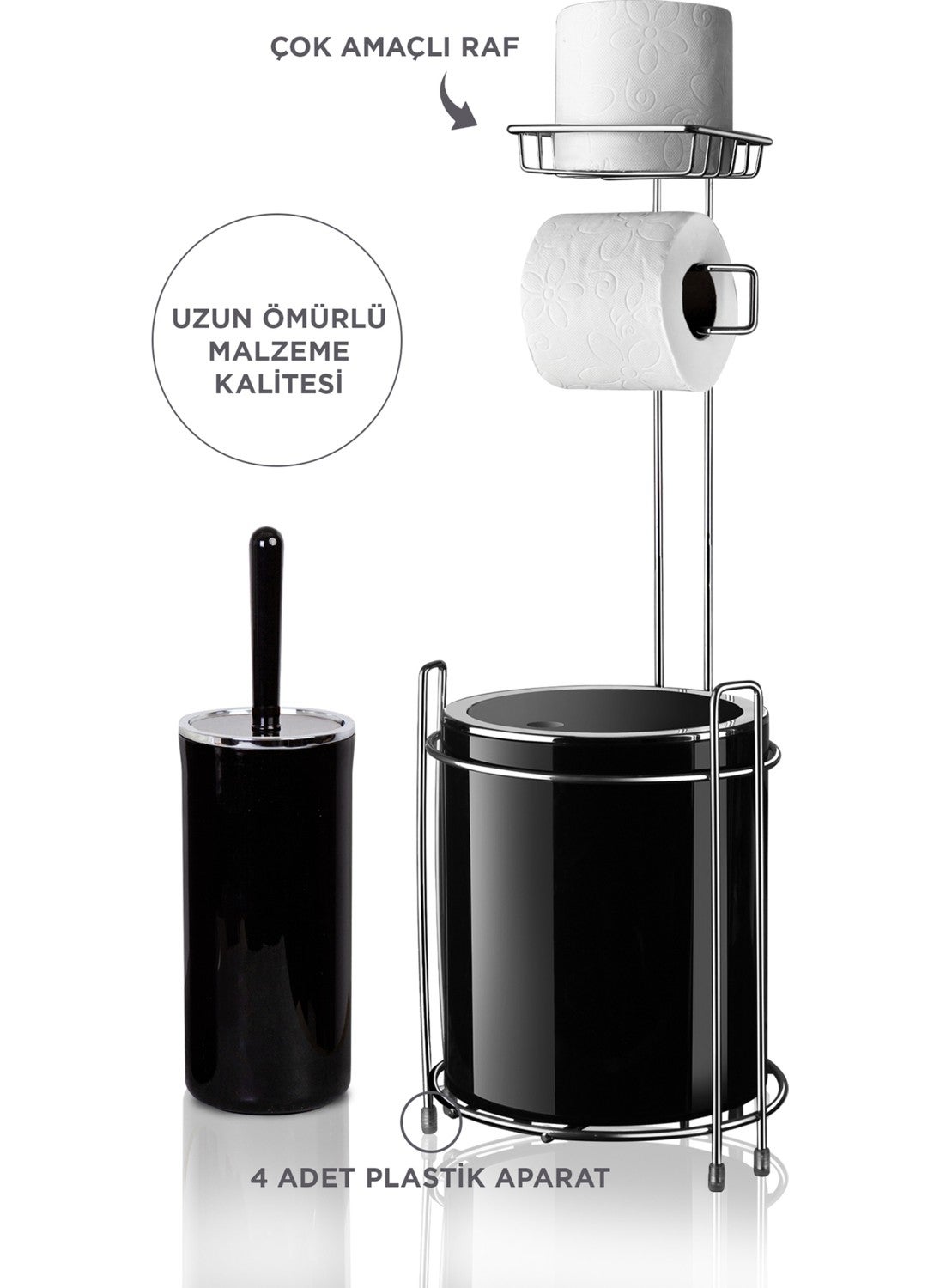 ‎okyanus Home - Ocean Home Chrome Replacement WC Paper Holder Round Black Dustbin and WC Brush Set - Image 1