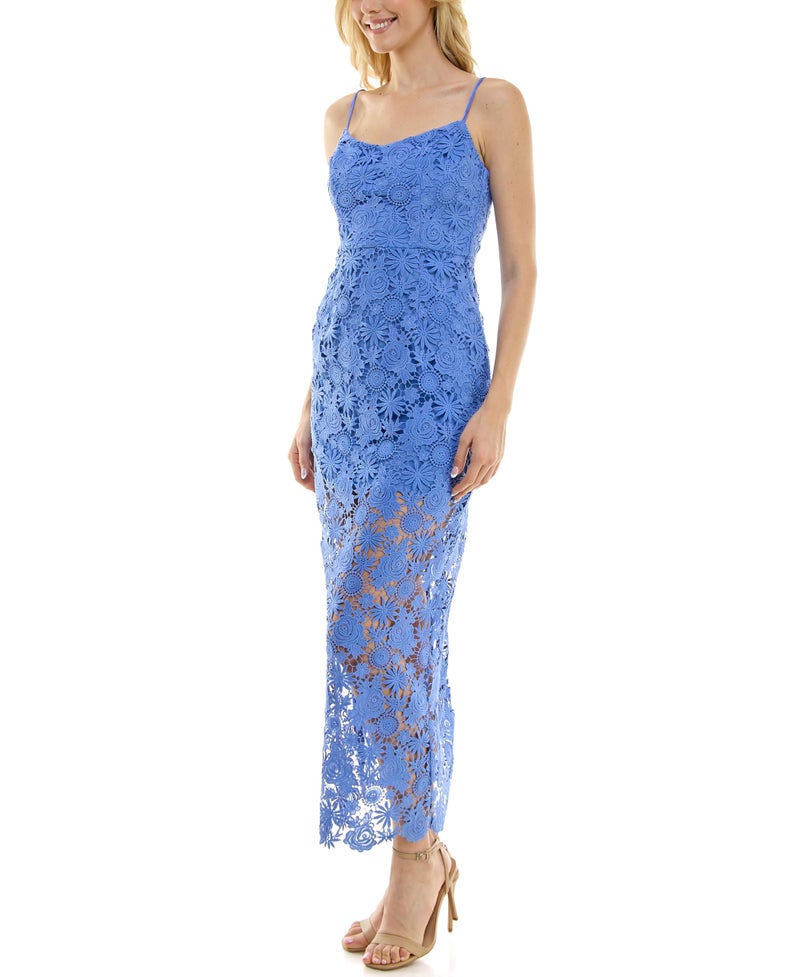 Taylor Women's Sleeveless Sweetheart Neck Spaghetti Strap Chemical Lace Overlay Midi Dress with Tie Back, Periwinkle - Image 4