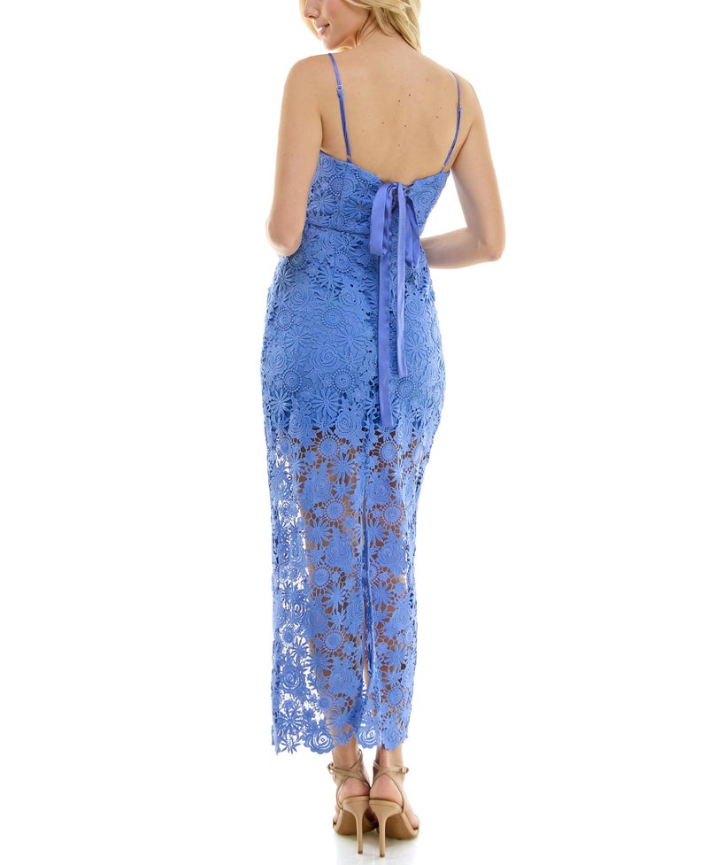 Taylor Women's Sleeveless Sweetheart Neck Spaghetti Strap Chemical Lace Overlay Midi Dress with Tie Back, Periwinkle - Image 3